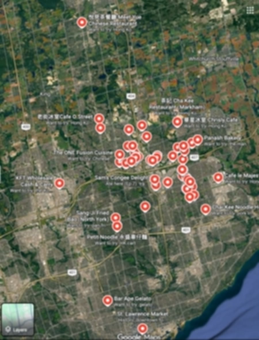 A blurred preview of our Toronto Food Map in Google Maps, with dozens of pins across Markham, Richmond Hill, Scarborough and Toronto